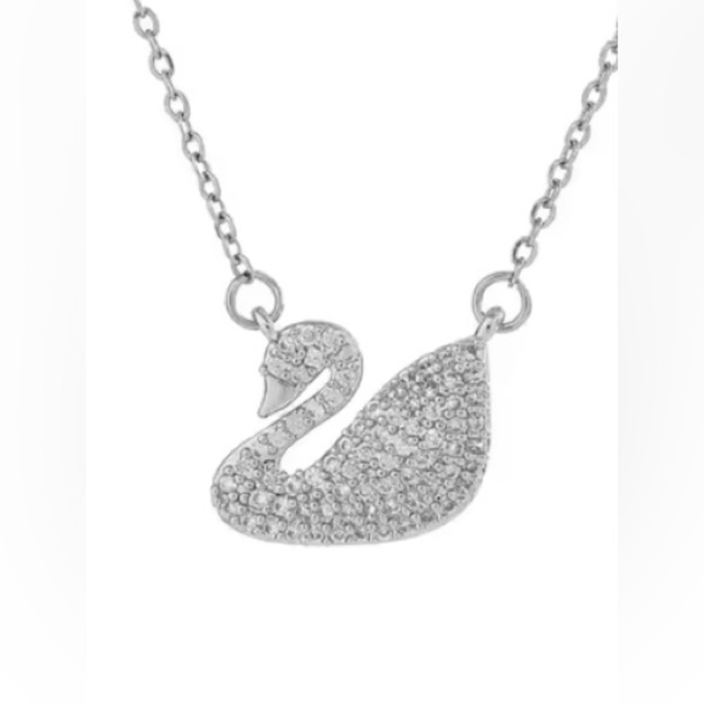 Swan Pendant 18K White Gold (Rhodium) Plated Necklace With Pave Diamond Inlay - Picture 2 of 6